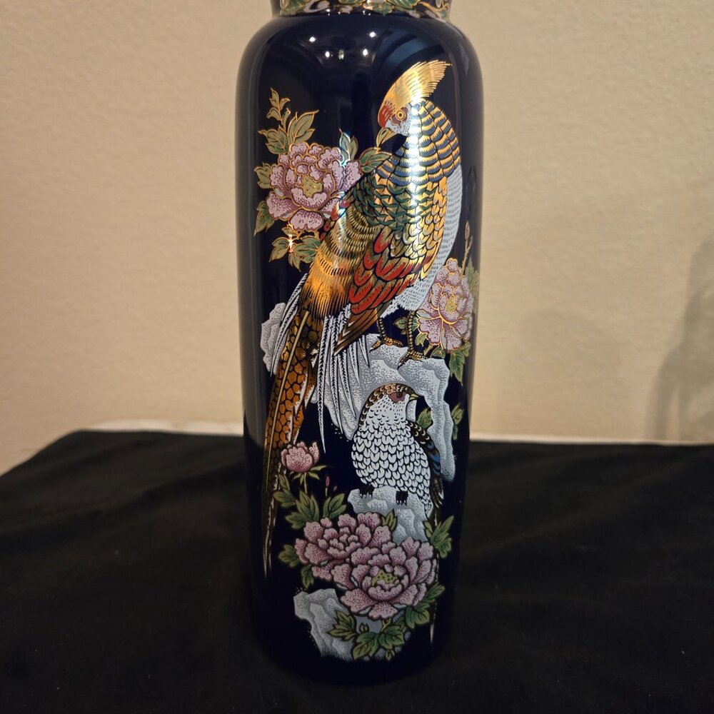 Kutani vintage vase Gold pheasant cobalt blue